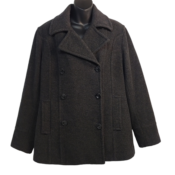 St. John's Bay Jackets & Blazers - St. John's Bay Women's Black/Dark Gray Double Breasted Wool Blend Peacoat Size L